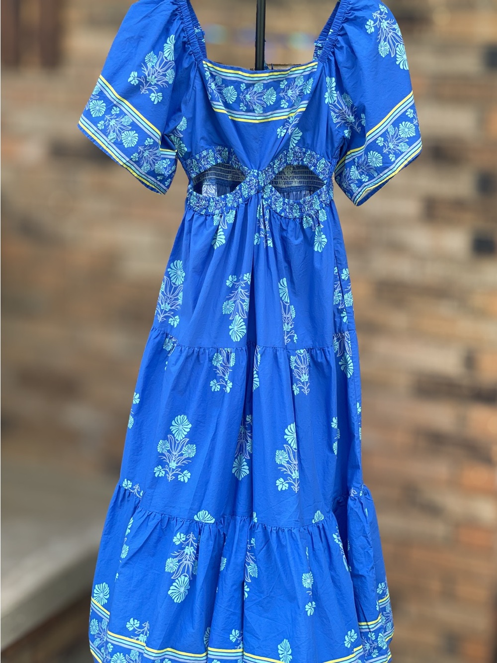 Umgee Large Blue Floral Cutout Tiered Maxi Dress Puff Sleeve